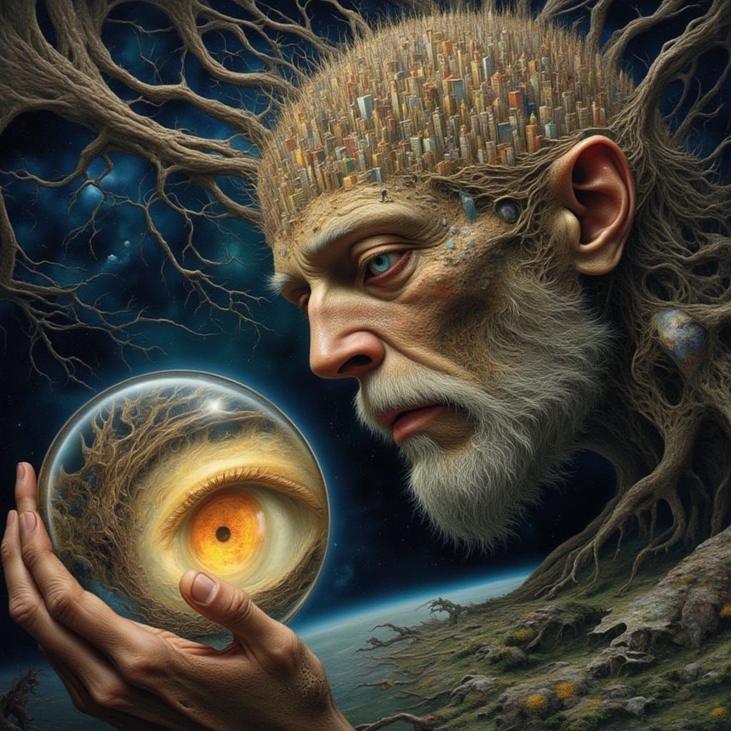 Fractal Faced Man with Growing Cities and Roads