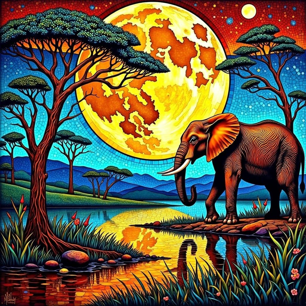 African Moonrise in Klimt-Inspired Stained Glass Style