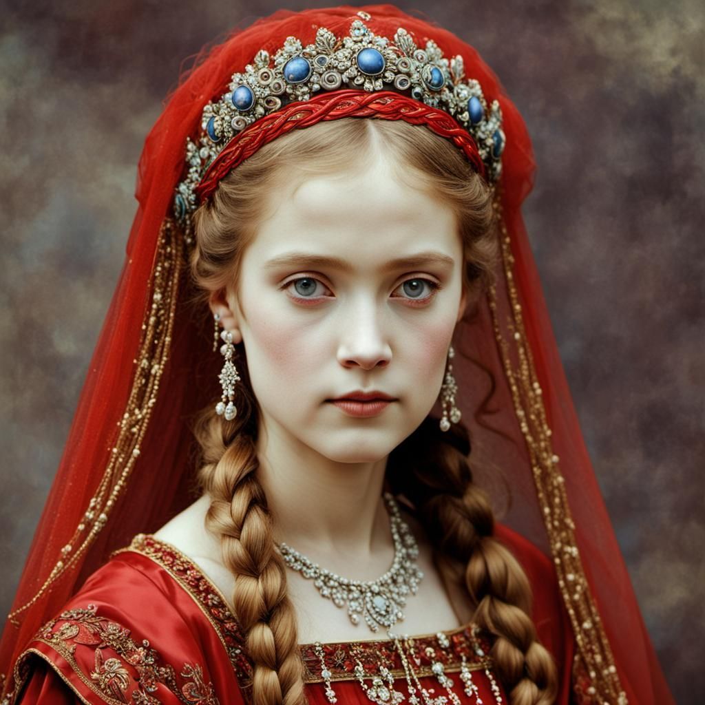 Russian Princess in Red Gown, Pre-Raphaelite Style