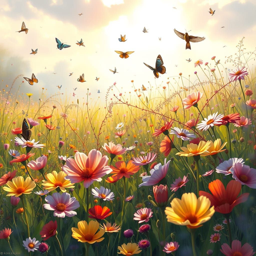 Vibrant Meadow Alive with Flowers, Birds, and Butterflies in...