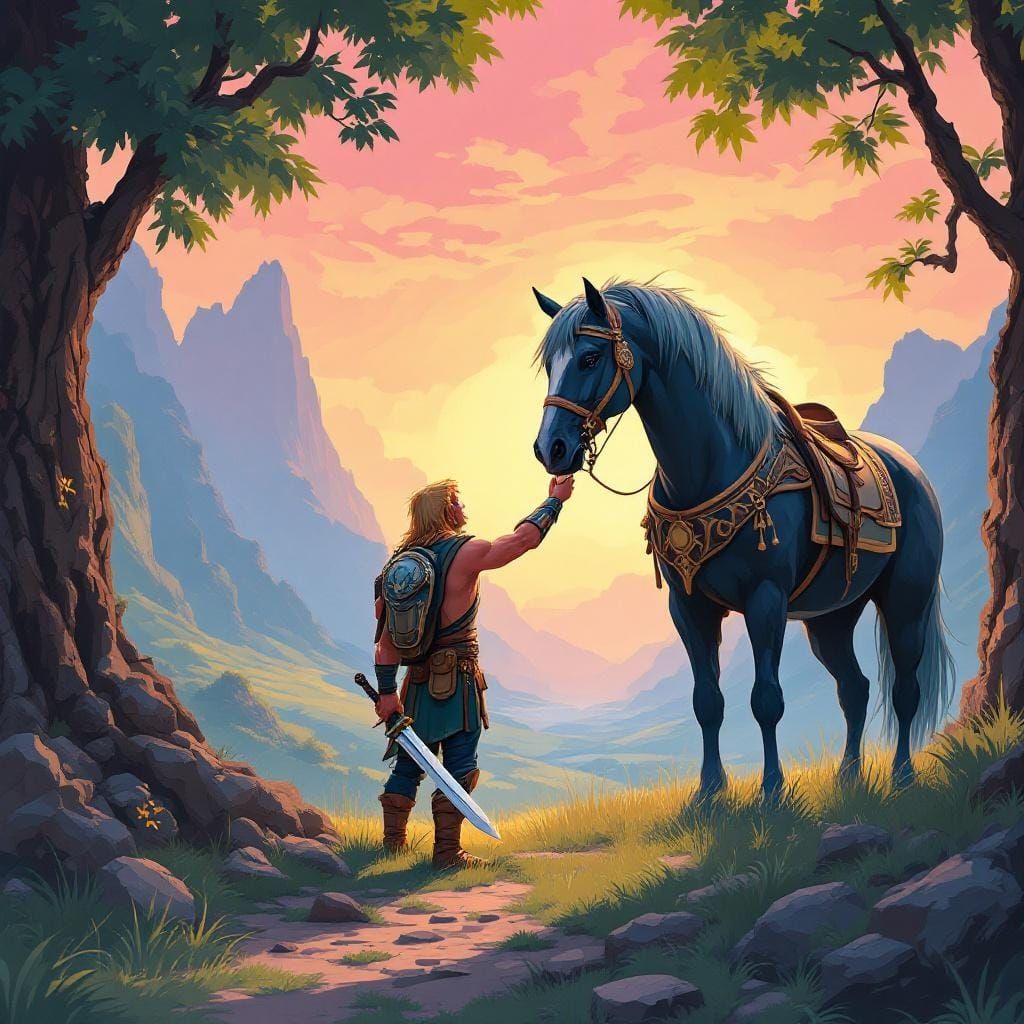 He-Man Tames a Horse in Cartoon Style