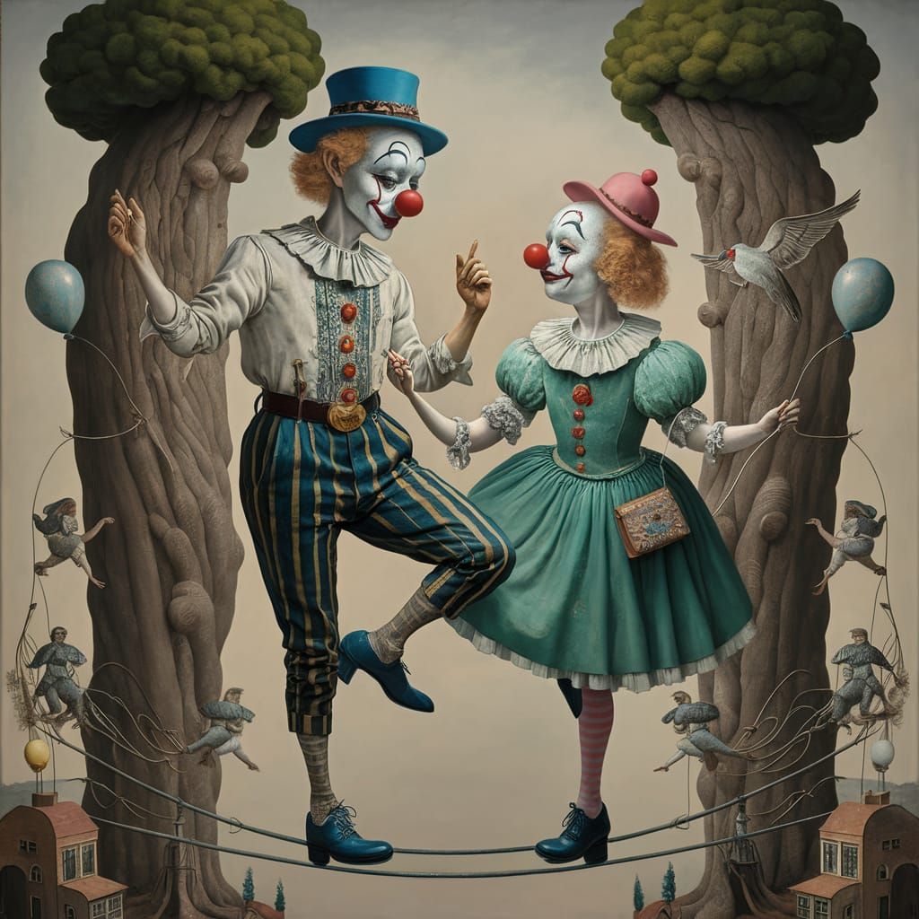 Surreal Clown Figures Dancing Between Giant Trees