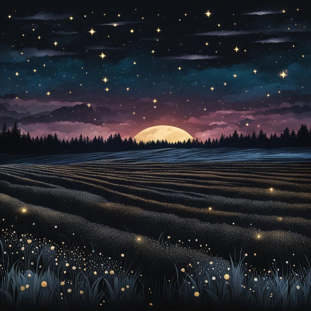 Sparkling Sky Over Dark Field Landscape