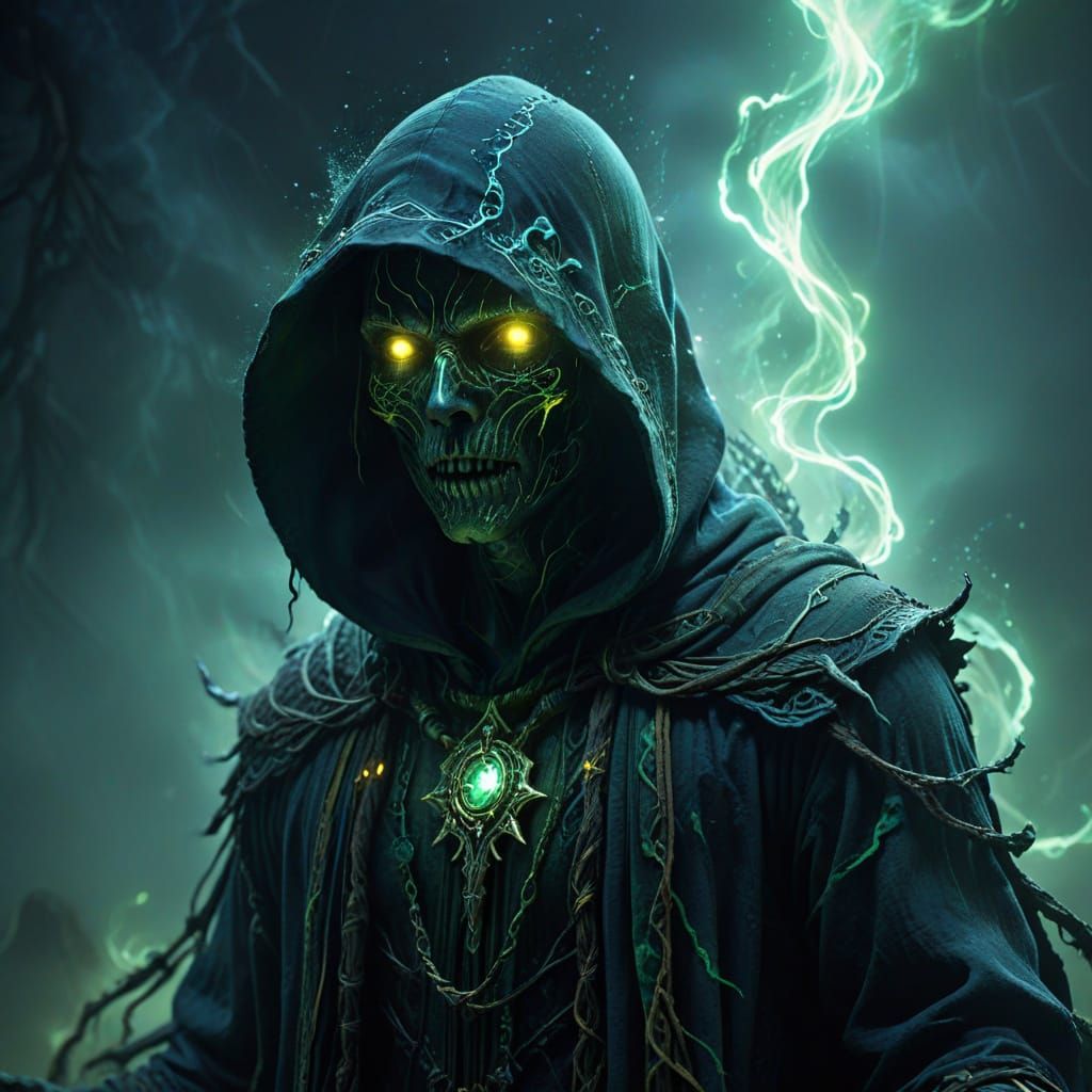 Surreal Dark Fantasy Scene with Hooded Figure Harvesting Sou...