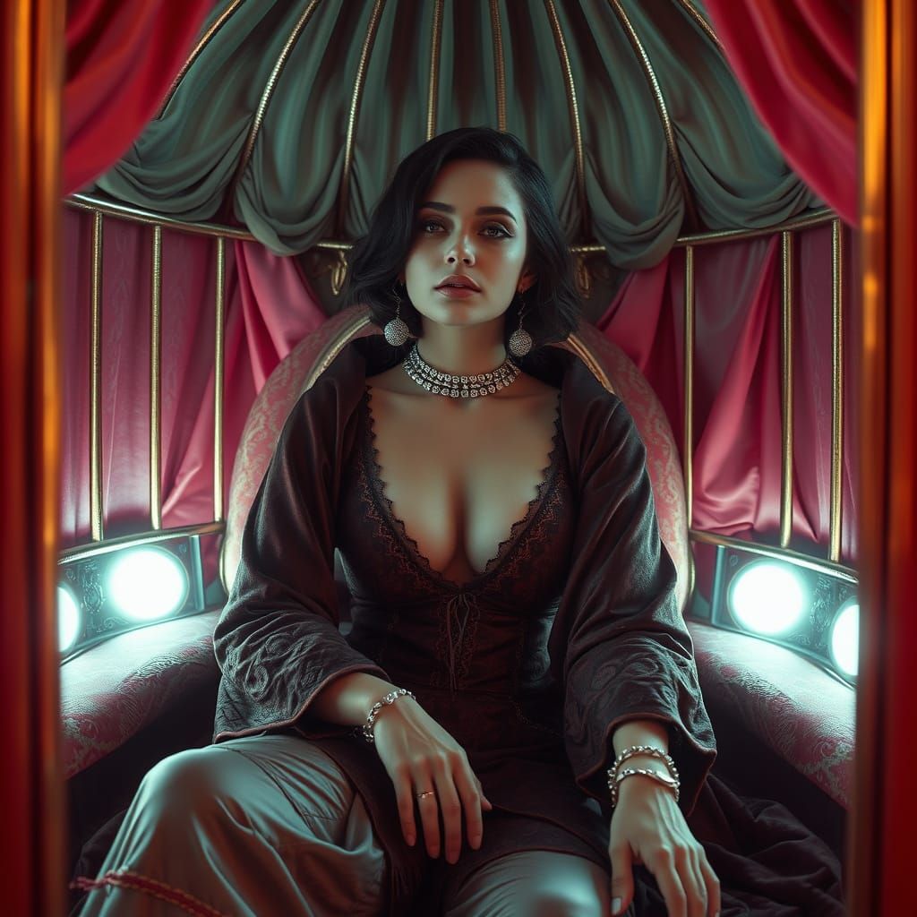 Woman in Velvet Cage: Sci-Fi 3D Rendered Scene