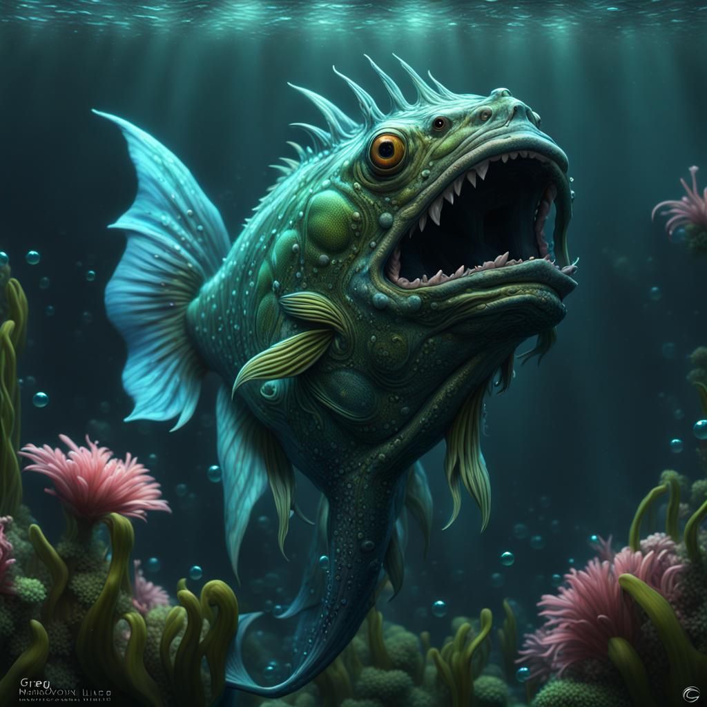 Intricate Cryptid Monster Fish in Dark Fantasy Style