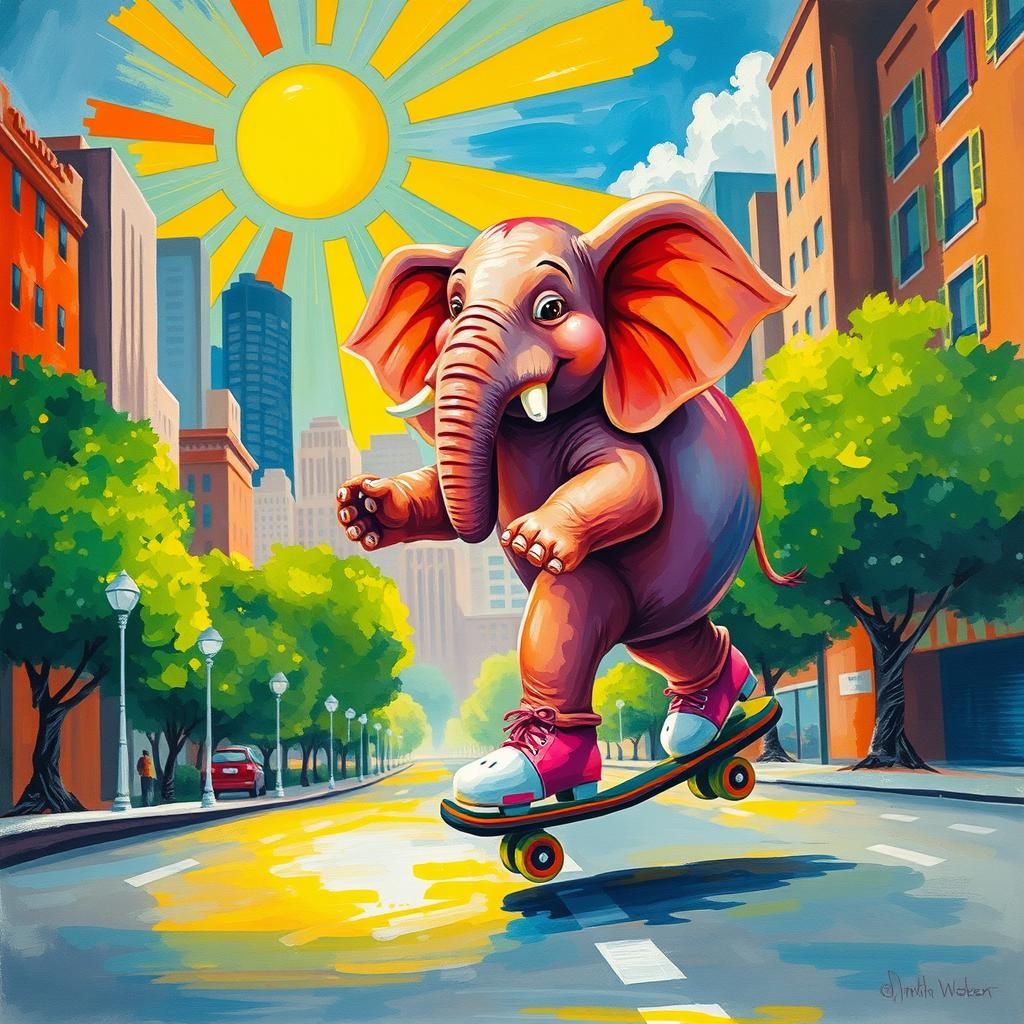 Elephant on Roller Skates in Impasto Style