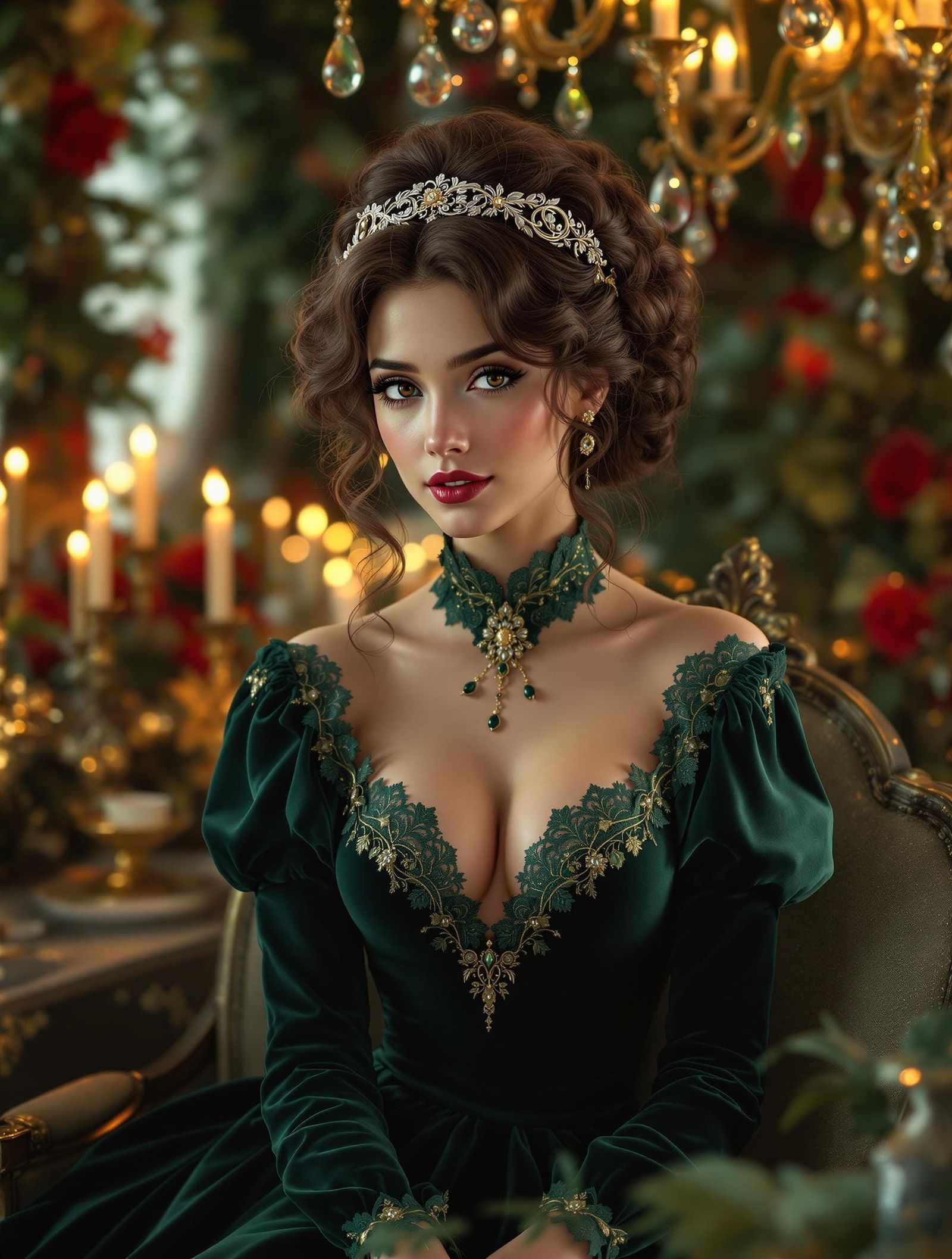 Ethereal Velvet Gown Lady Amidst Whimsical Festive Decoratio...