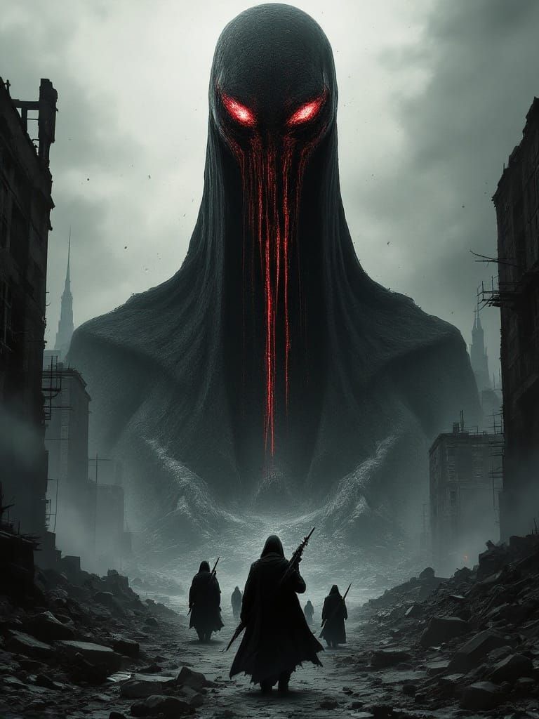 Hooded Figures in Apocalyptic City: Digital Illustration