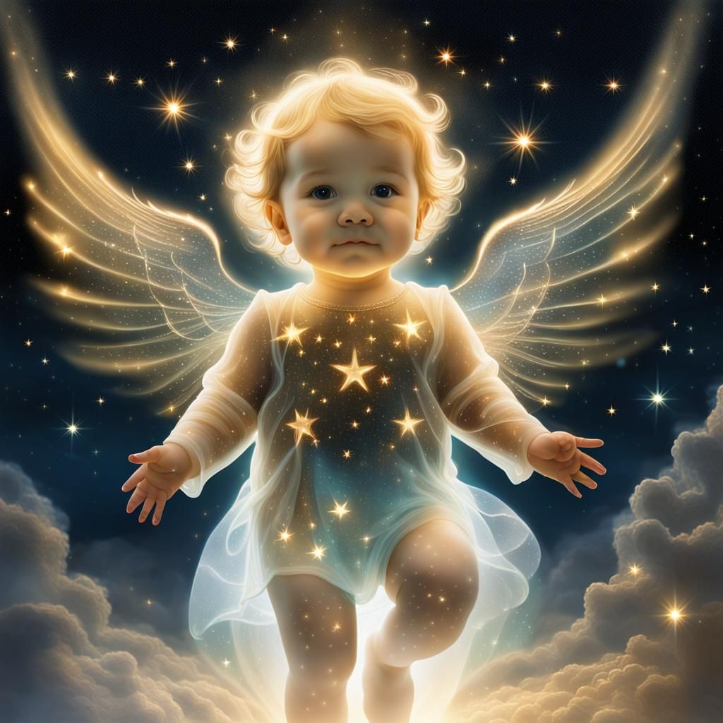 Holographic Angel Toddler in Night Sky