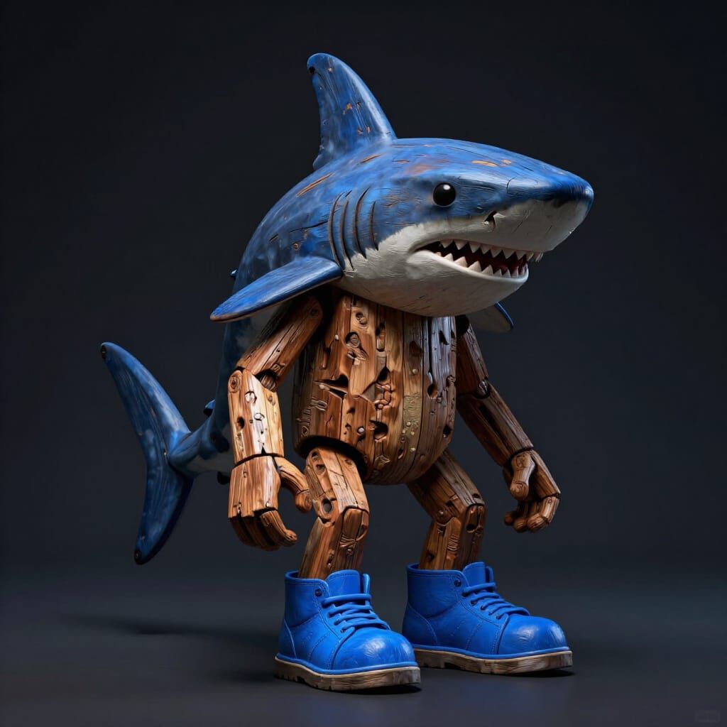 Wooden Human-Shark Hybrid in Blue Shoes