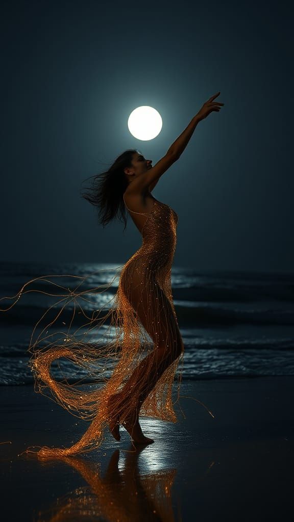 Golden String Dancer Under Moonlight, Digital Art