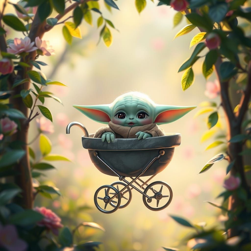 Baby Yoda in Hovering Pram: Whimsical Dreamscape