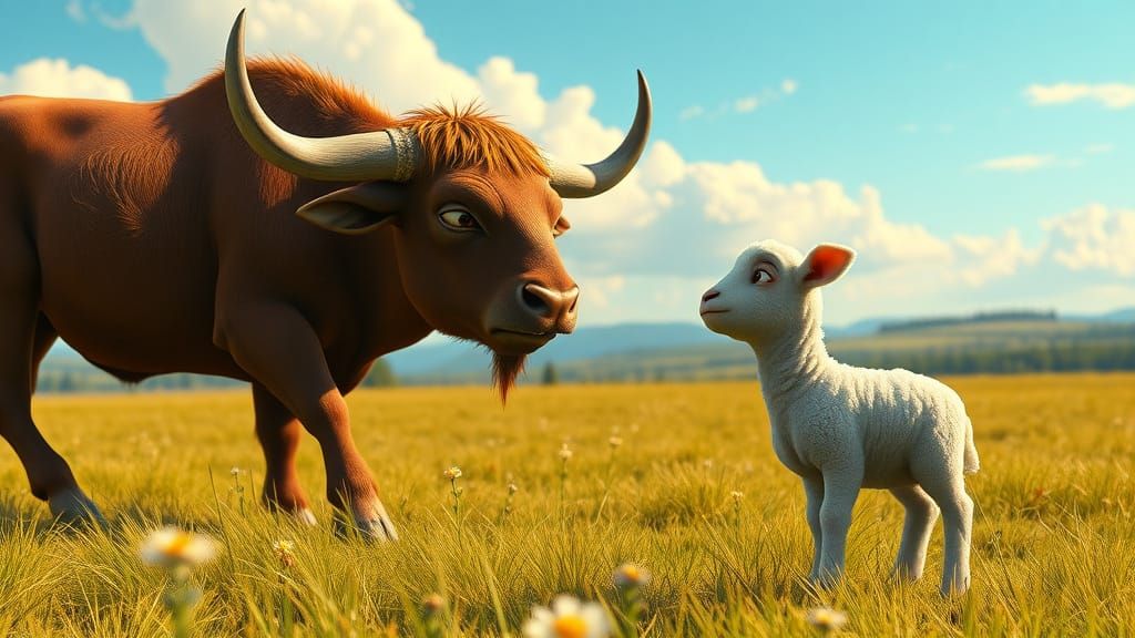 Nervous Lamb and Angry Bull in Pixar Style