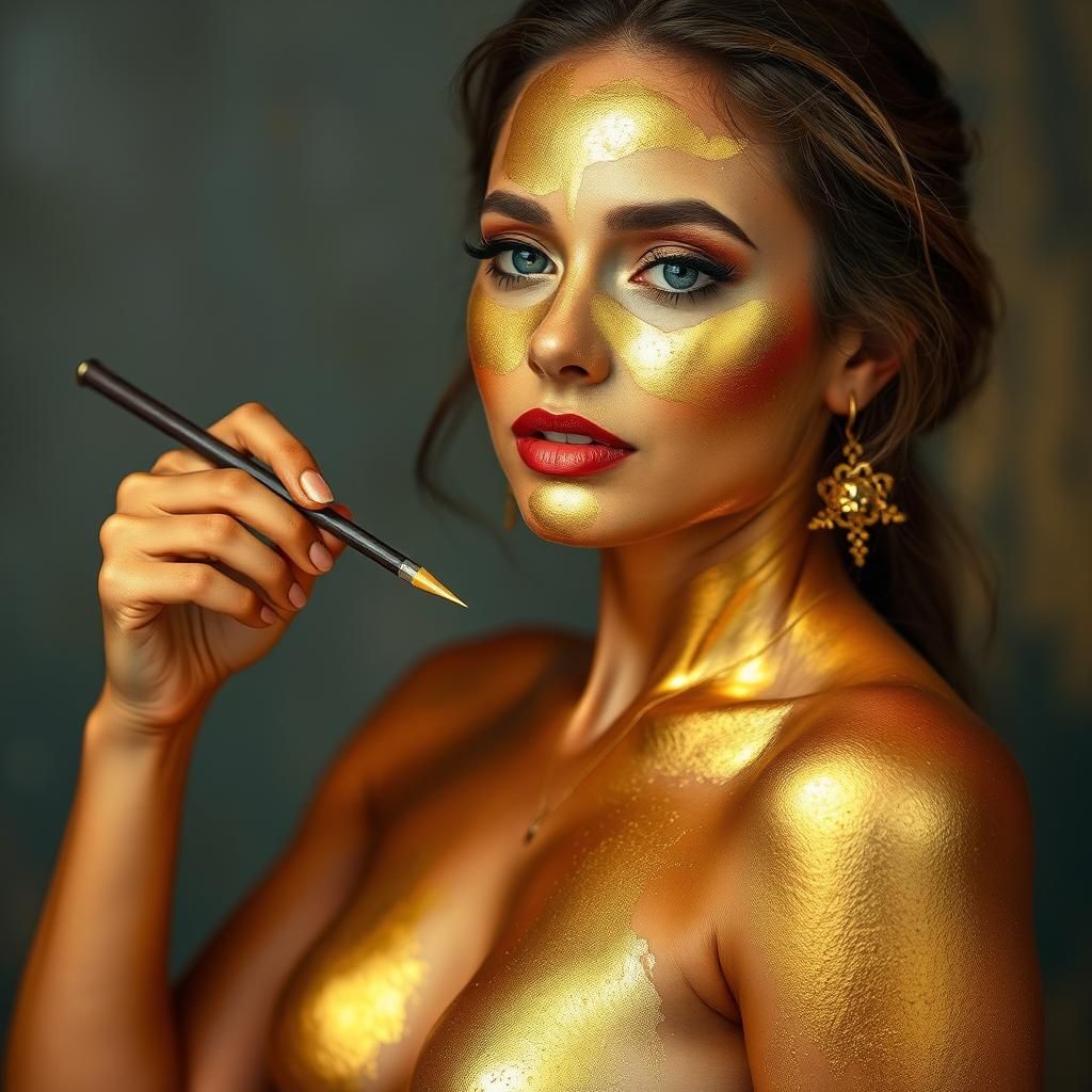 Woman Painting Her Body with Gold