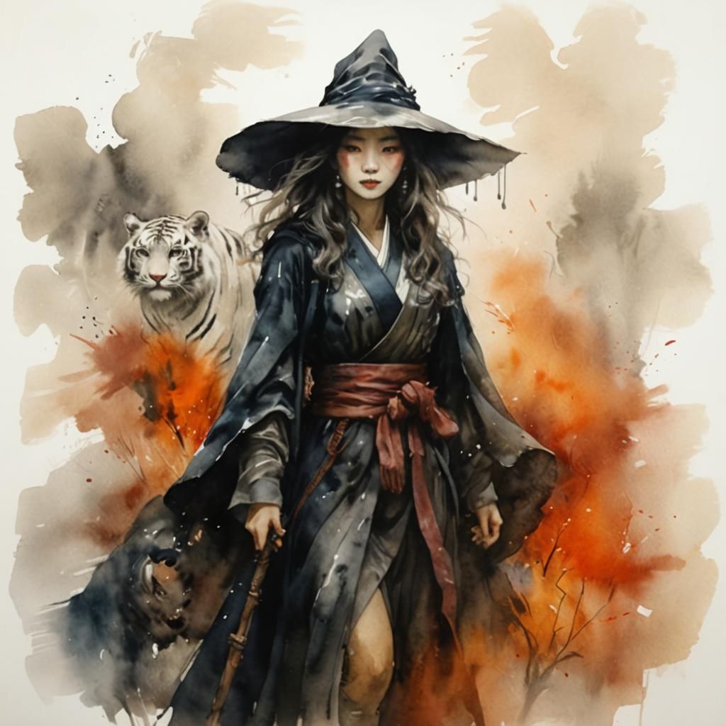 Korean Witch with Mystical White Feline Companion