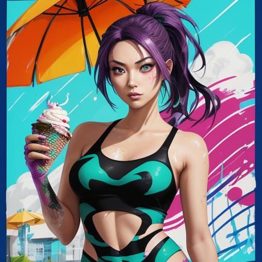 Vibrant Anime Girl Enjoying Ice Cream Under a Colorful Umbre...