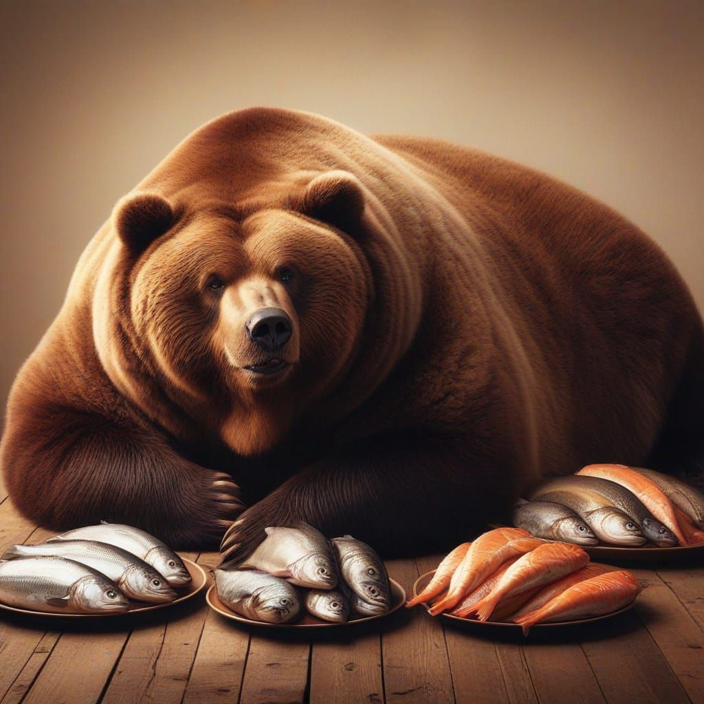 Obese Kodiak Bear Enjoys Fish Feast in Vibrant Oil Painting