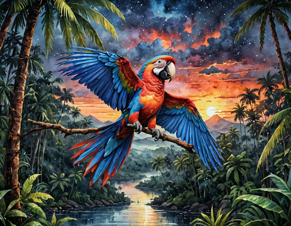 Macaw Parrot in Rainforest at Sunset, Watercolor Art