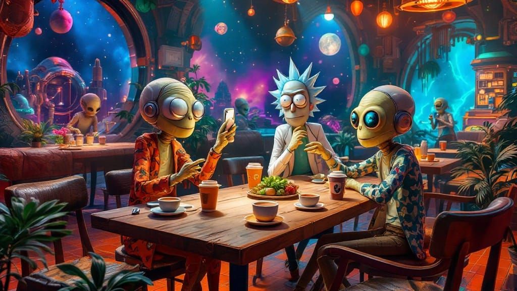 rick and morty 3D  cafe in space with humanoid aliens taking selfies coffee cups cosmic epic  Masterpiece Concept 8k res...