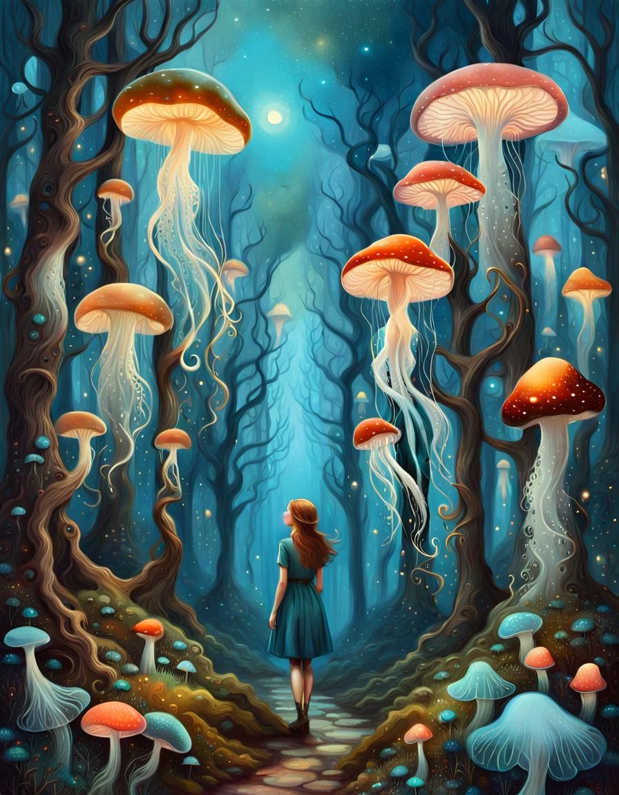 A cute girl in dreamy fantasy jellyfish mushroom forest with...