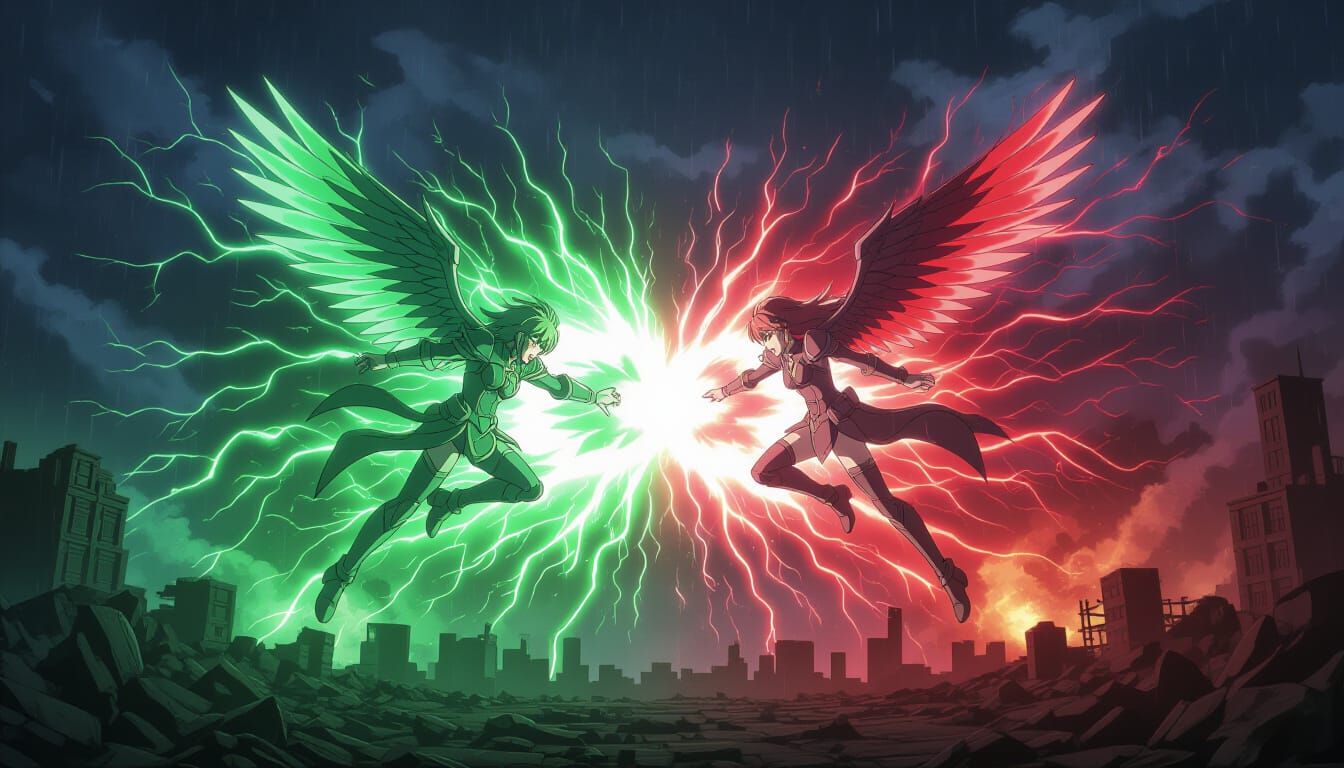 Anime Battle: Electric Energy Collision in Ruined City