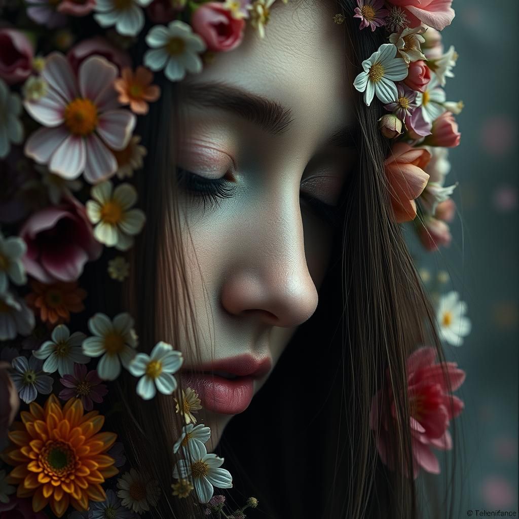 Melancholic Girl in Flowers, Colorful Digital Portrait