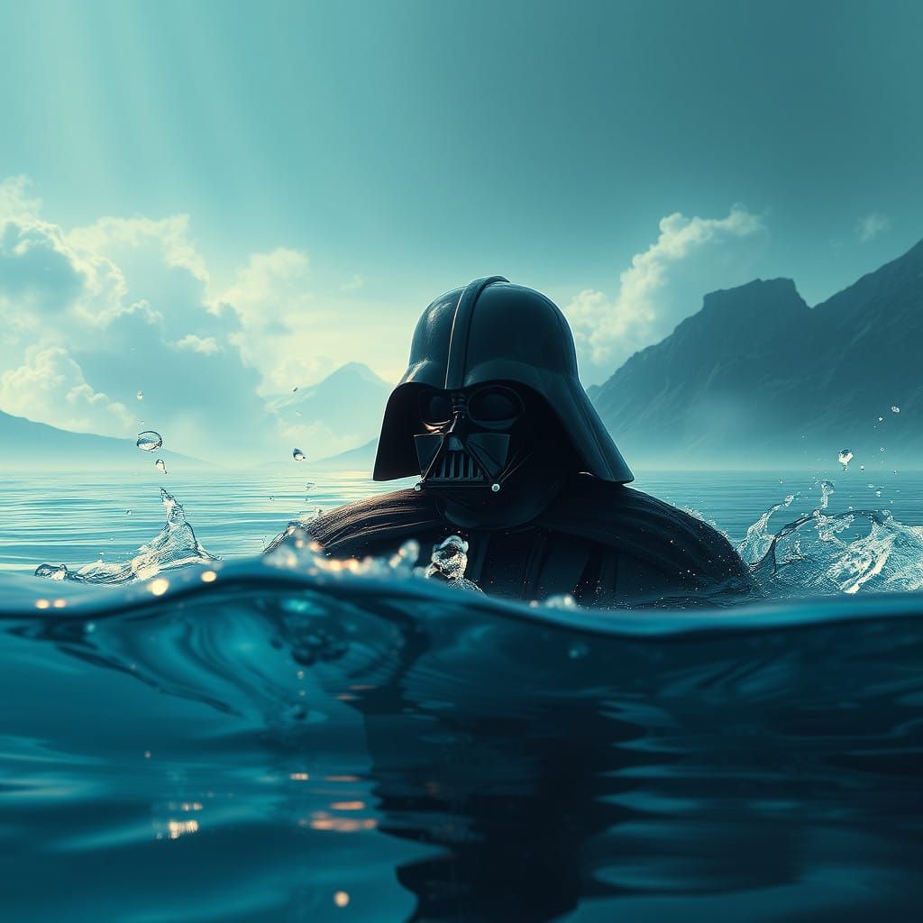 Darth Vader Silhouette in Surreal Waterscape, Detailed Matte...