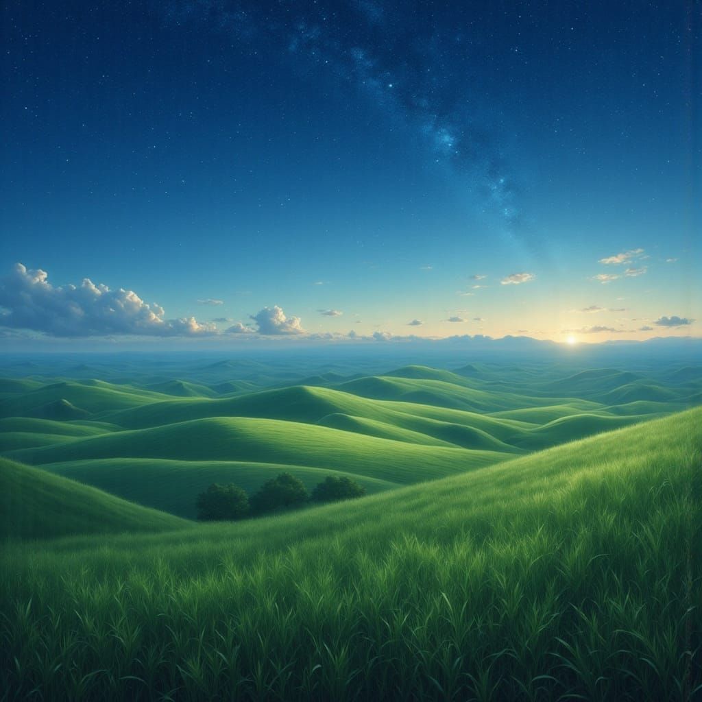 Serene Twilight Landscape Painting of Rolling Hills