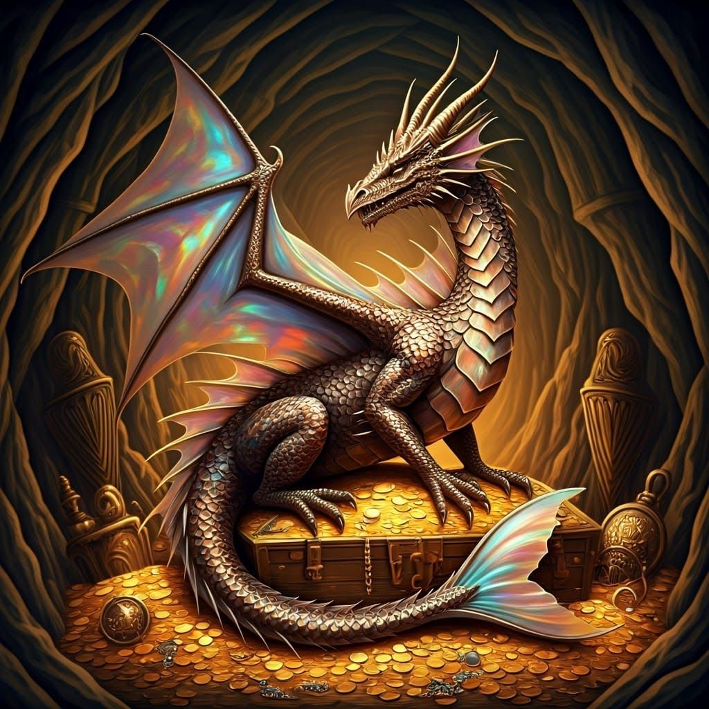 Bronze Dragon Hoarding Treasure in Ancient Cave