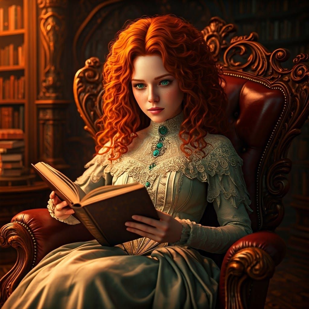 Victorian Lady Reading in Her Library