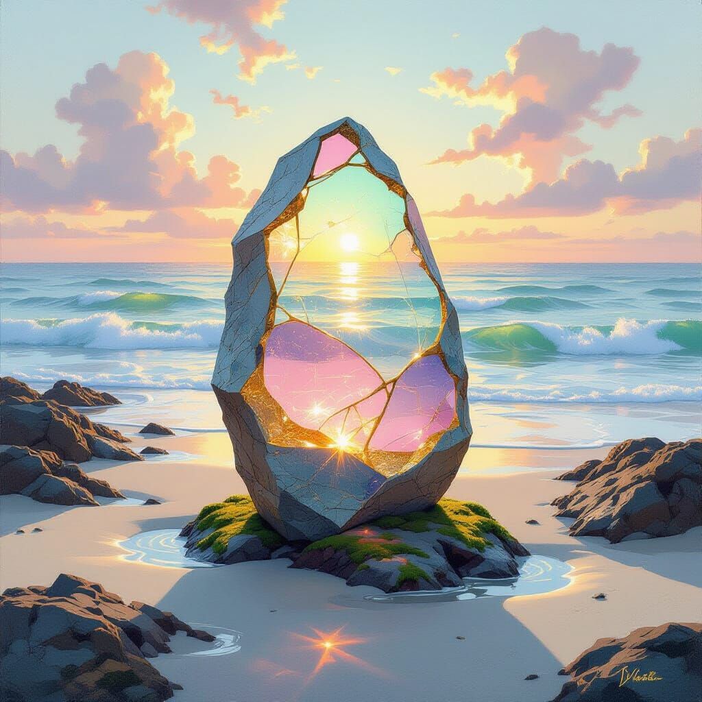 Metamodern Sea Glass Monument with Luminous Textures