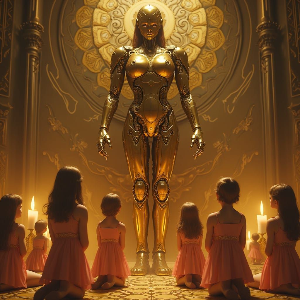 Robotic Goddess in Golden Splendor: Art Nouveau Inspired Bra...