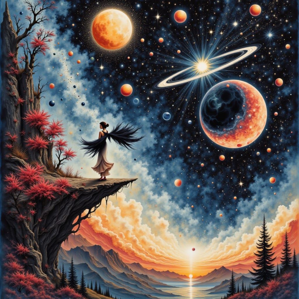 Woman Floating Through Cosmic Ink Sky in Mixed Media Style