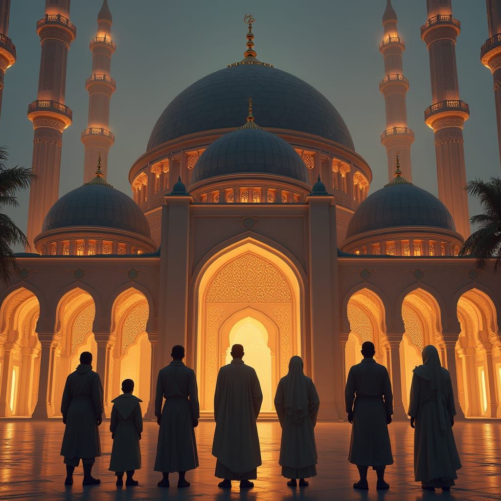 Mosque Scene with Companions in Golden Light