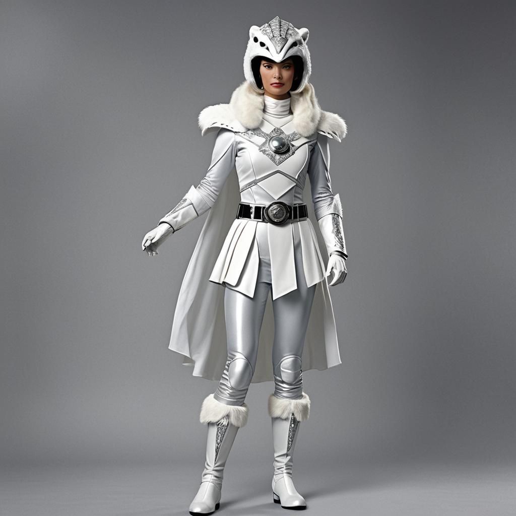 Power ranger female 1958 A white and silver costume with a polar bear-inspired design
A white helmet with a silver polar...