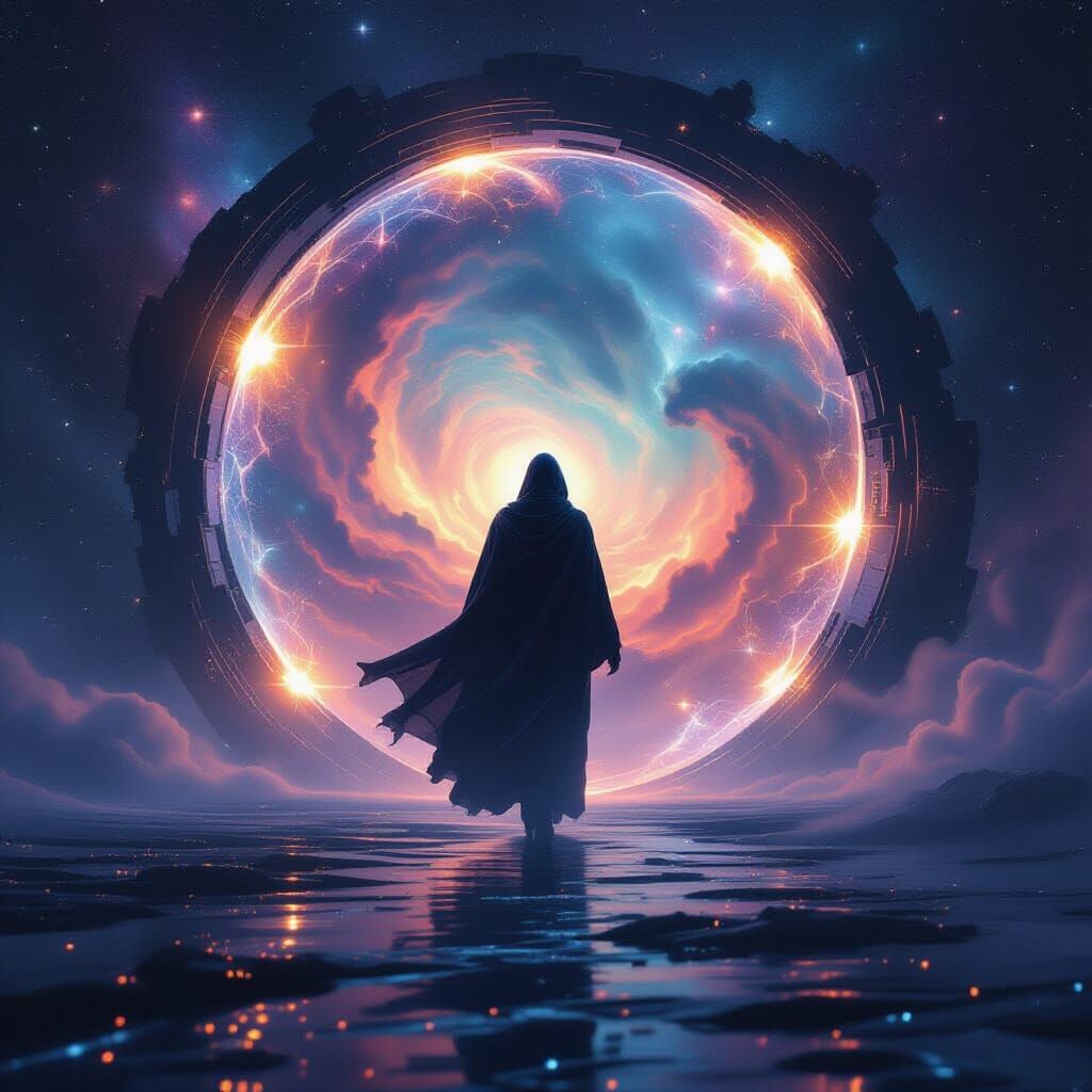 Cosmic Figure Steps Through Portal into Infinite Galaxy