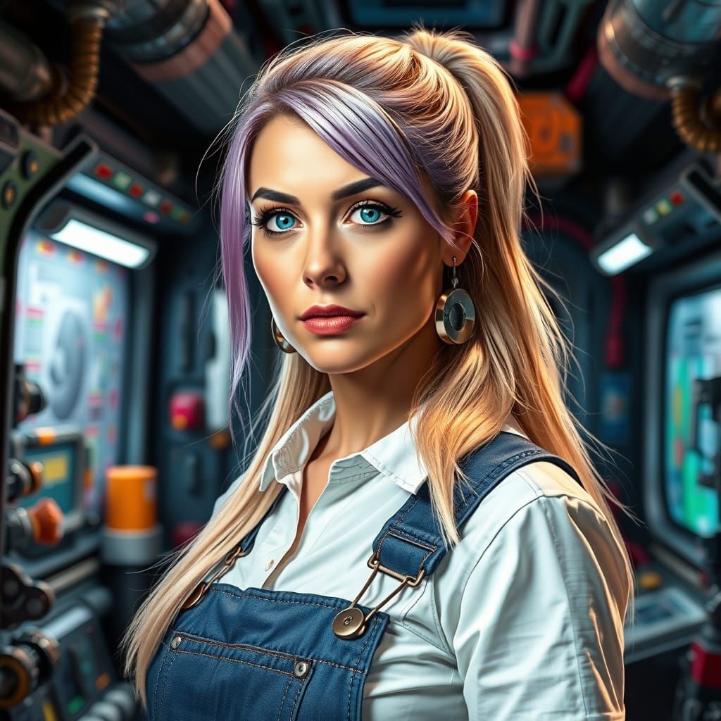 Woman with Turquoise Eyes in Space Station