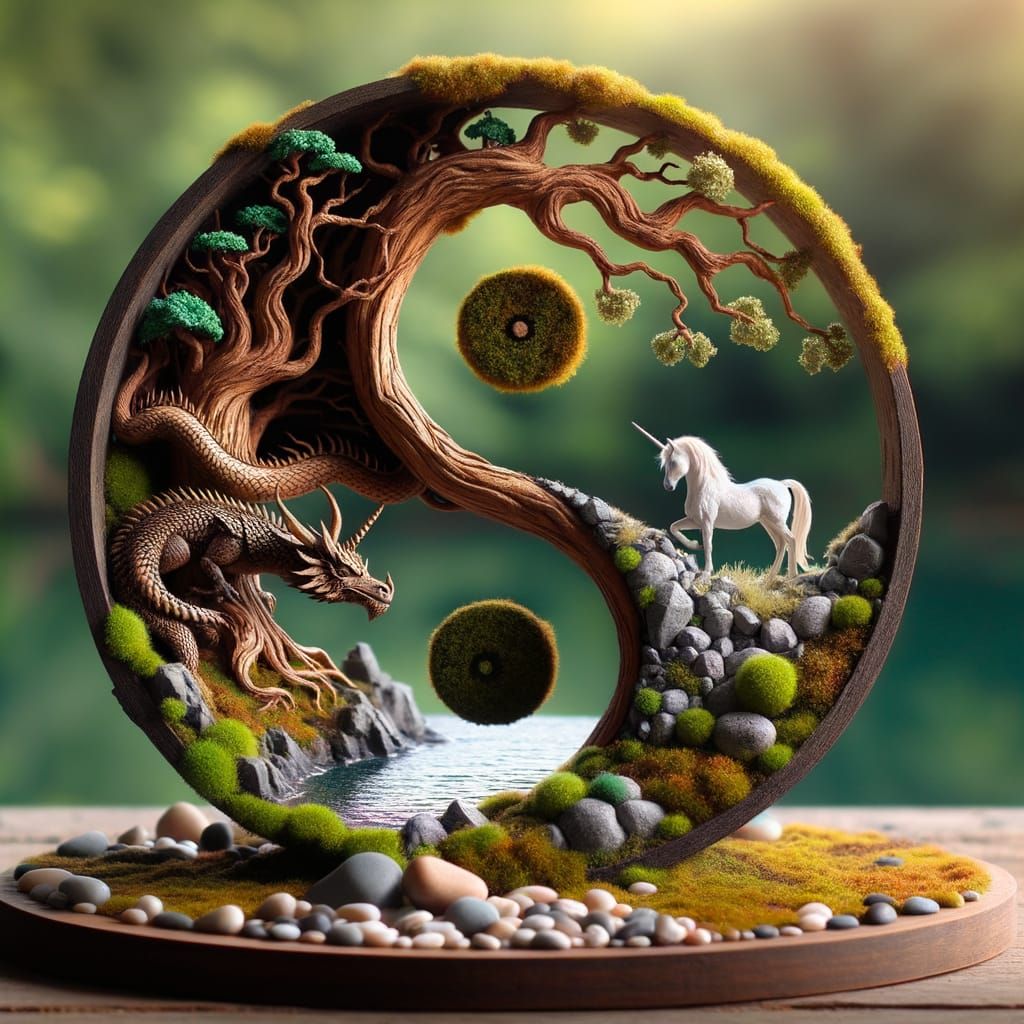 Yin-Yang Oak Tree Diorama with Dragon and Unicorn