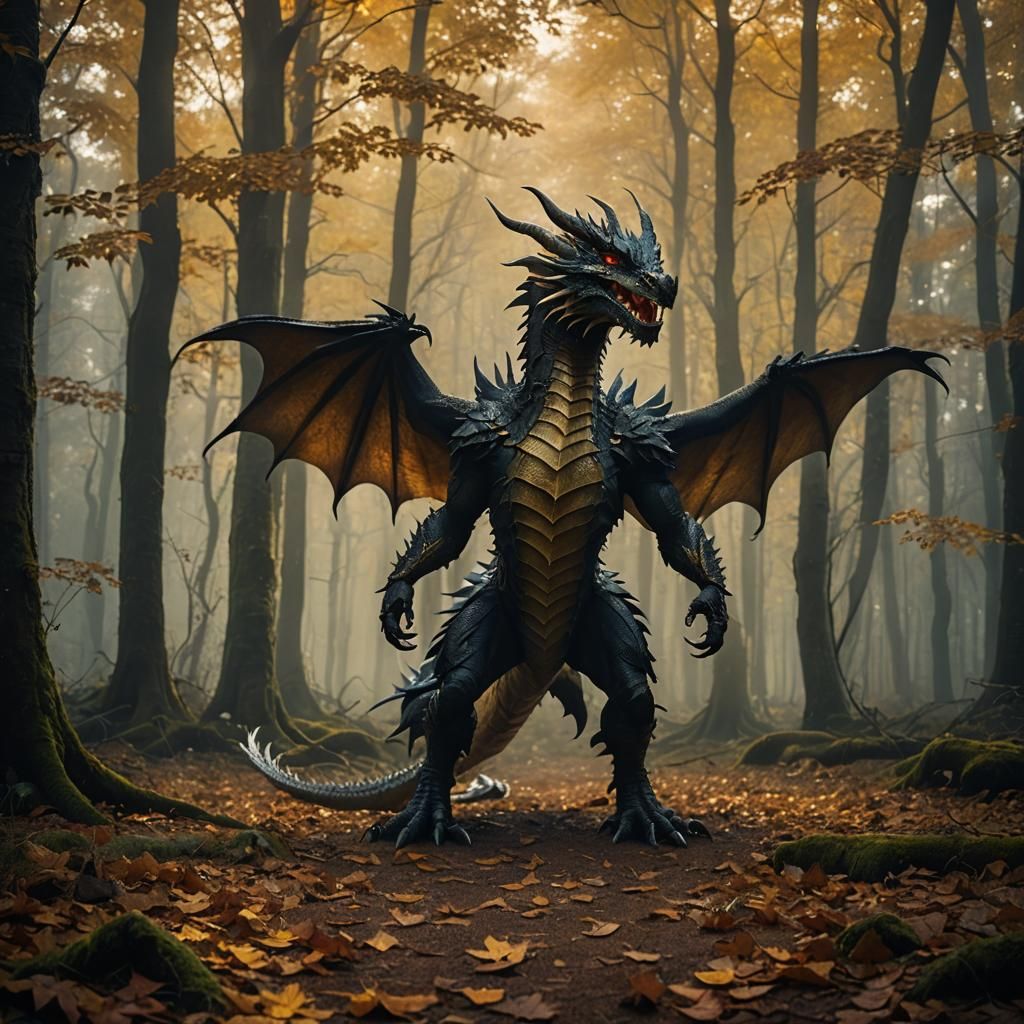 Majestic Human-Dragon Hybrid in Misty Forest