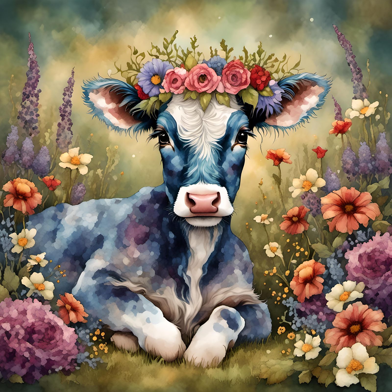 Calf in Flower Garden with Floral Crown