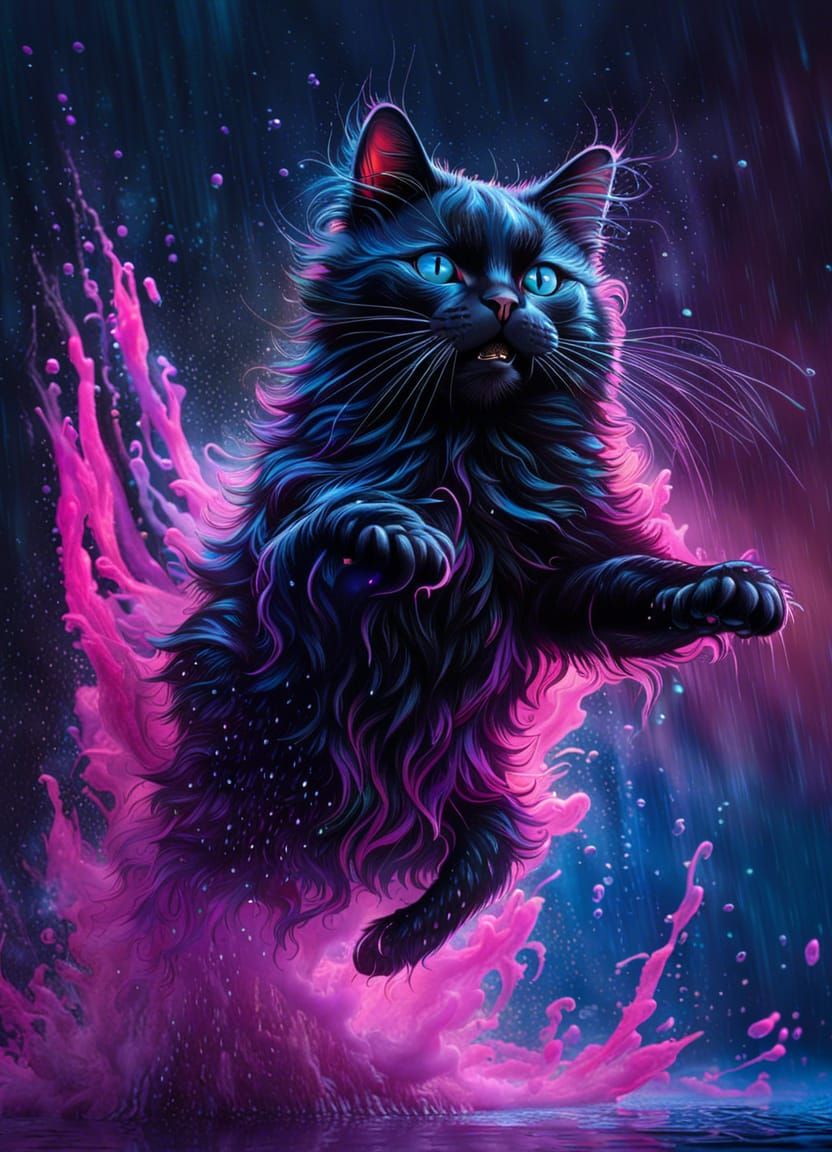 Black Cat Dancing in Rain with Cyberpunk Lighting