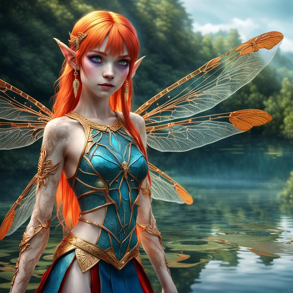Elf Woman with Dragonfly Wings on Crystal Lake