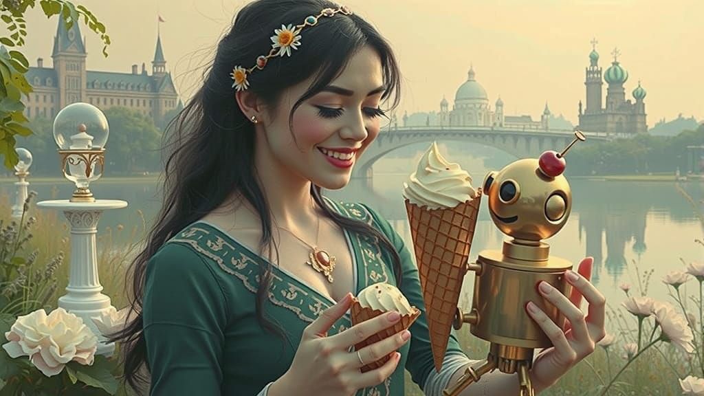 Brass Robot Offers Ice Cream to Fairy Woman: Cinematic Film ...