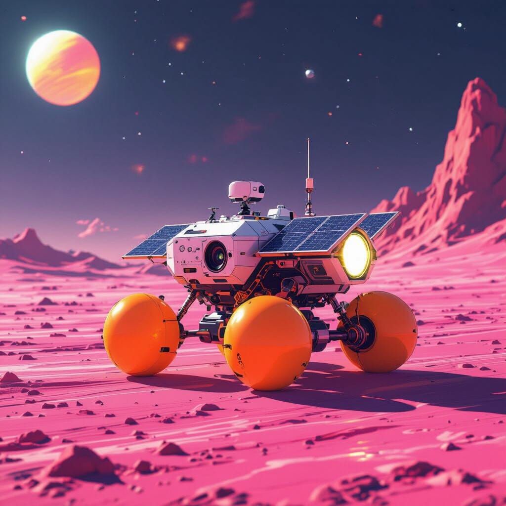 Sci-Fi Probe on Pink Planet, Whimsical Concept Art Style