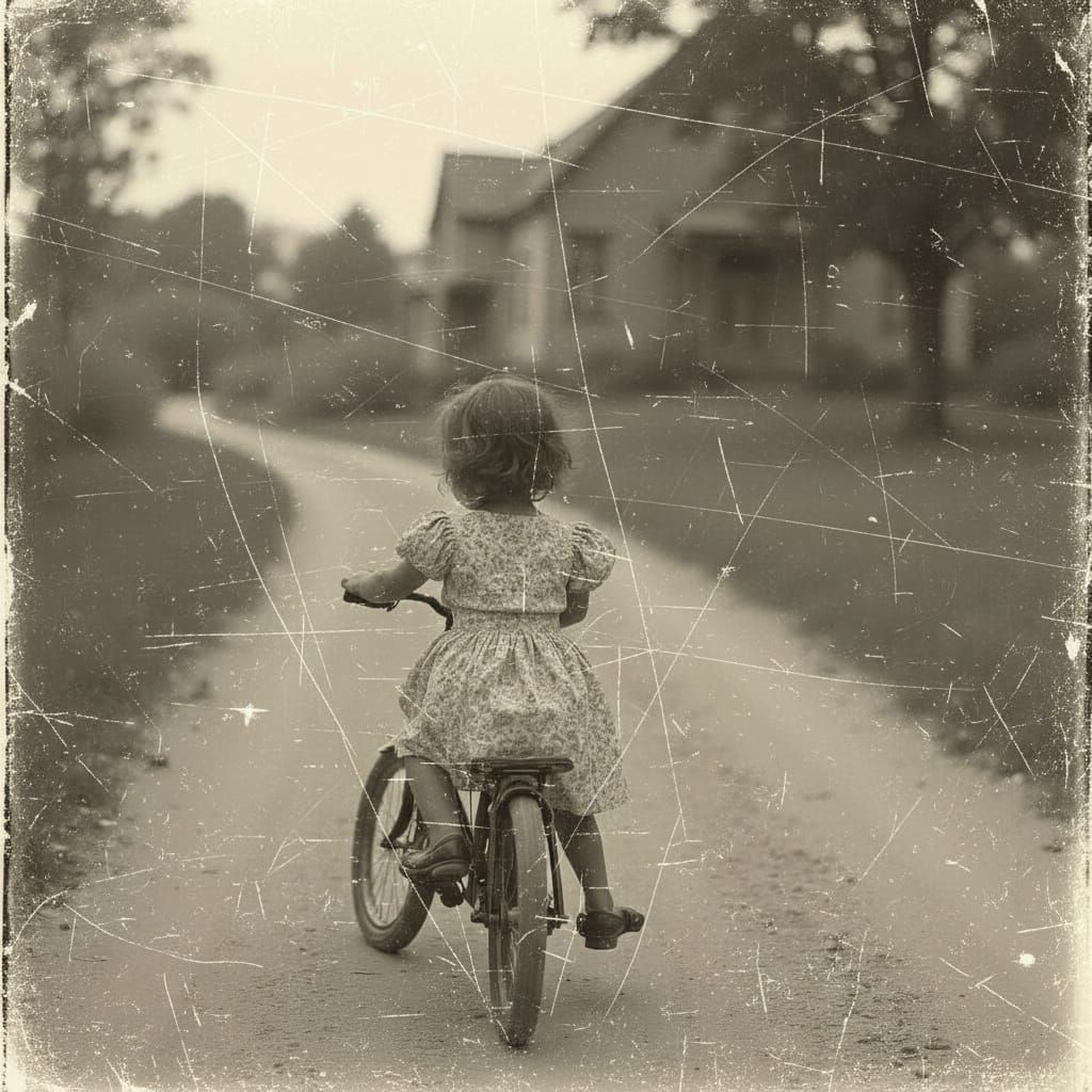 Nostalgic Black and White Photo of Girl on Bike