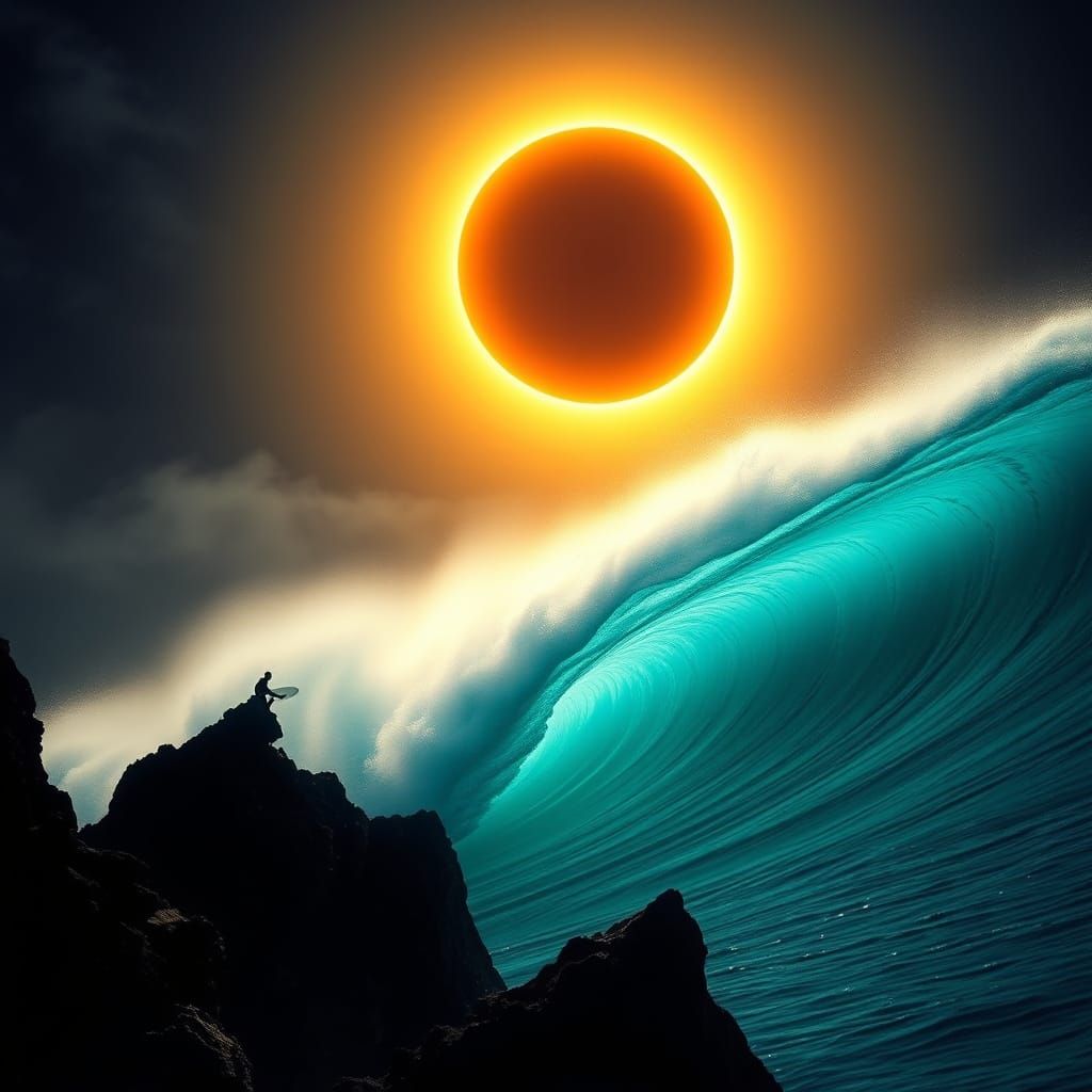 Surfer Rides Jaws Wave During Solar Eclipse