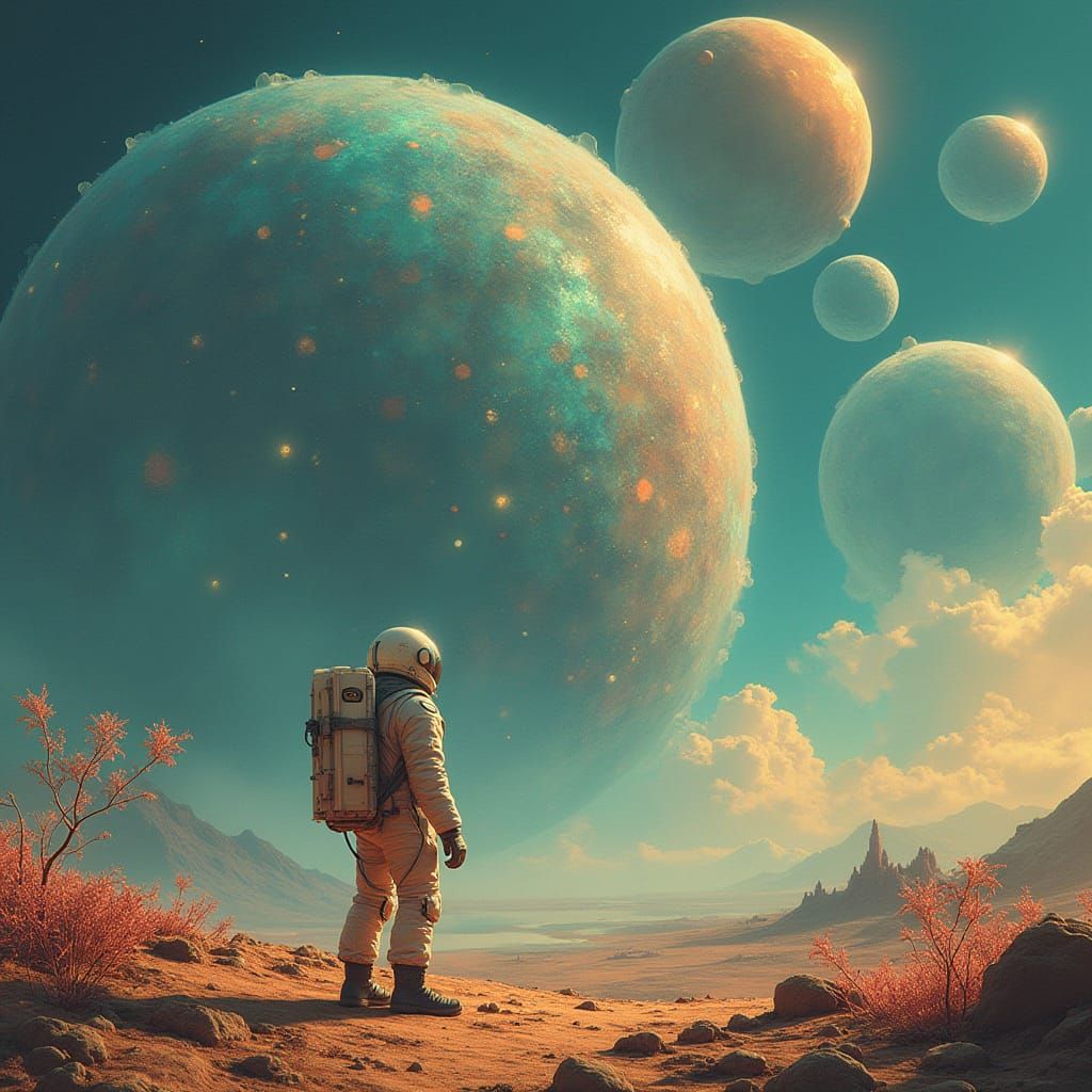 Astronaut on Barren Alien World with Dyson Swarm