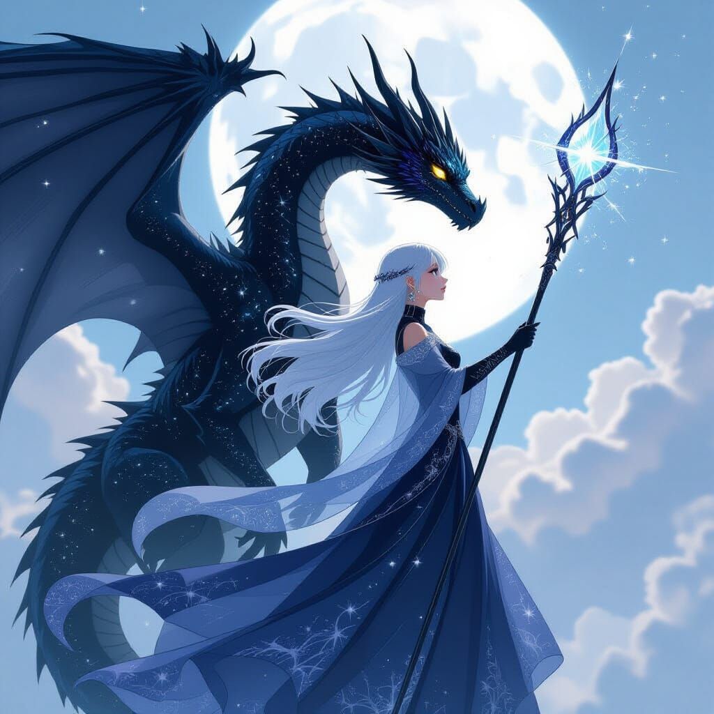 Iridescent Dragon and Girl with Starcaller Staff