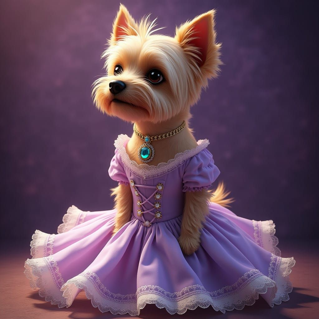 Blond Yorkie in Lavender Victorian Dress with Gemstones